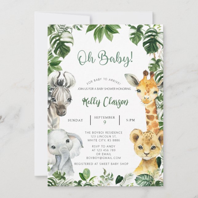 Invitación Safari de la jungla de animales Oh Boy Baby Shower (Anverso)