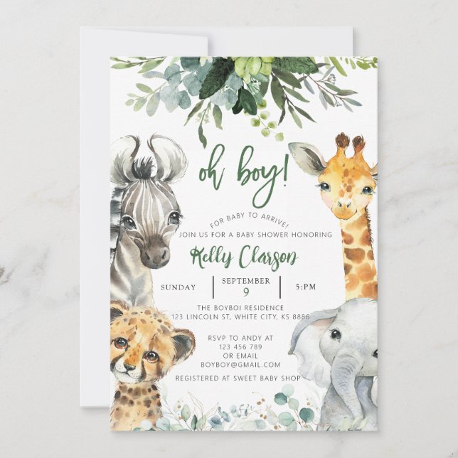 Invitación Safari de la jungla de animales Oh Boy Baby Shower (Anverso)