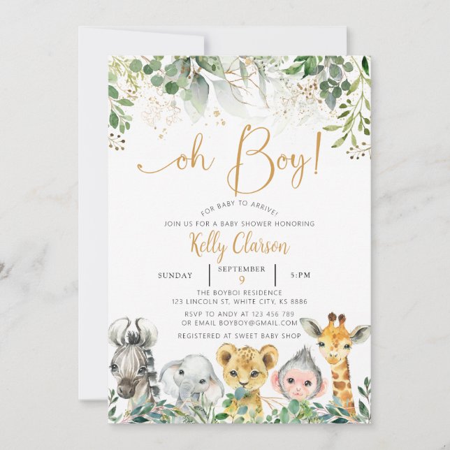 Invitación Safari de la jungla de animales Oh Boy Baby Shower (Anverso)