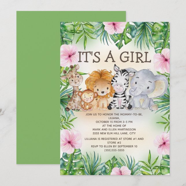 Invitación Safari de la jungla dulce animales bebé niña (Anverso / Reverso)