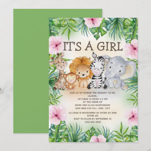 Invitación Safari de la jungla dulce animales bebé niña
