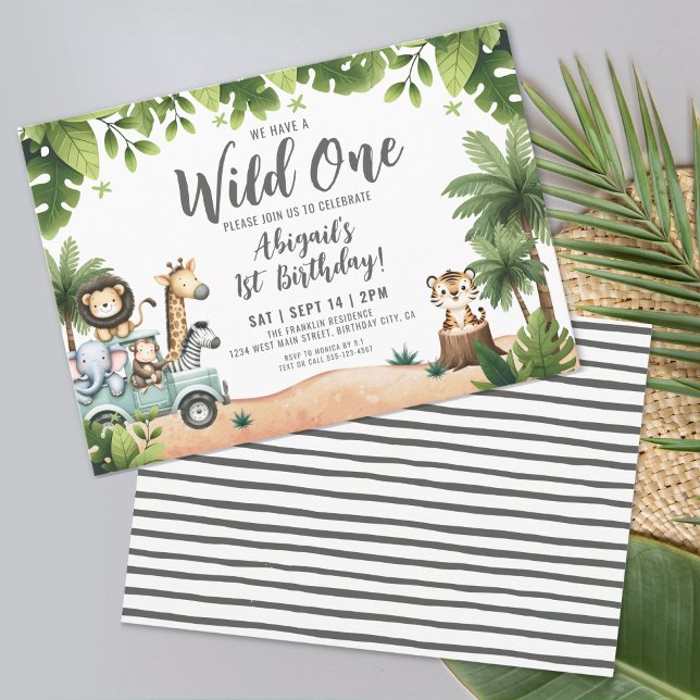 Invitación Safari de la jungla horizontal salvaje un primer c (Jungle Safari Horizontal Wild One 1st Birthday Invitation)