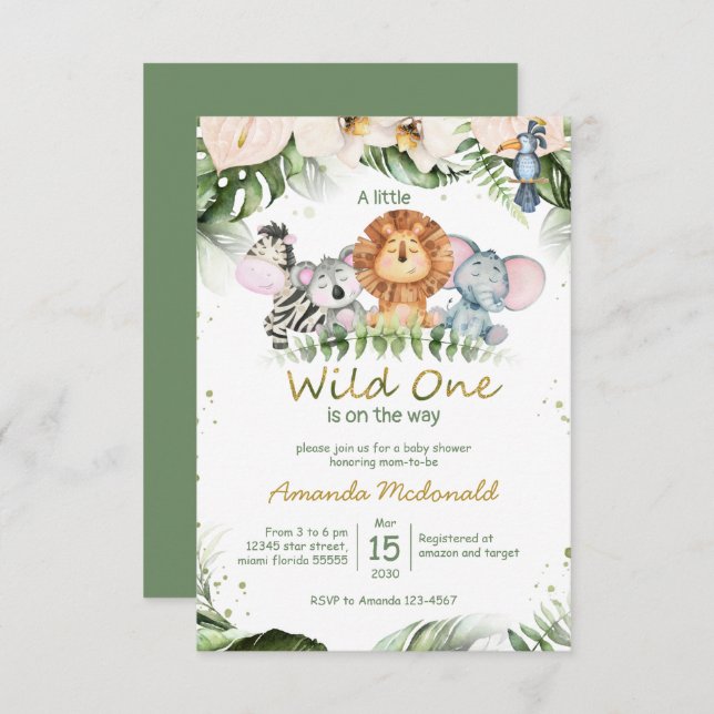 Invitación Safari de la jungla salvaje una ducha de bebé Invi (Anverso / Reverso)