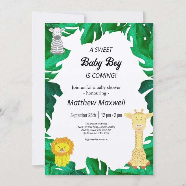 Invitación Safari De La Jungla Tropical, Baby Shower Inv (Anverso)