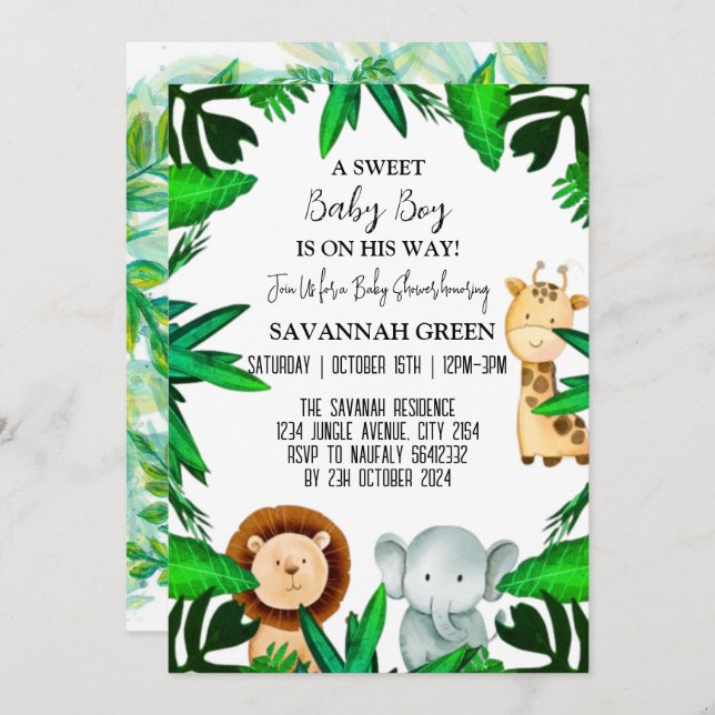Invitación Safari de la selva animal tropical salvaje Baby Sh (Anverso / Reverso)