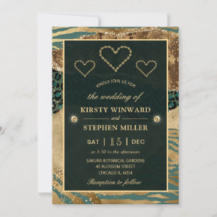 Invitación Safari de la selva dorada y verde y boda brillante