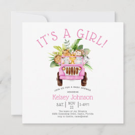 Invitación Safari de la selva es un Baby Shower rosado Chica