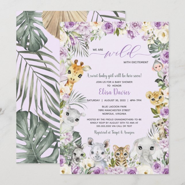 Invitación Safari de la selva floral púrpura en Baby Shower (Anverso / Reverso)