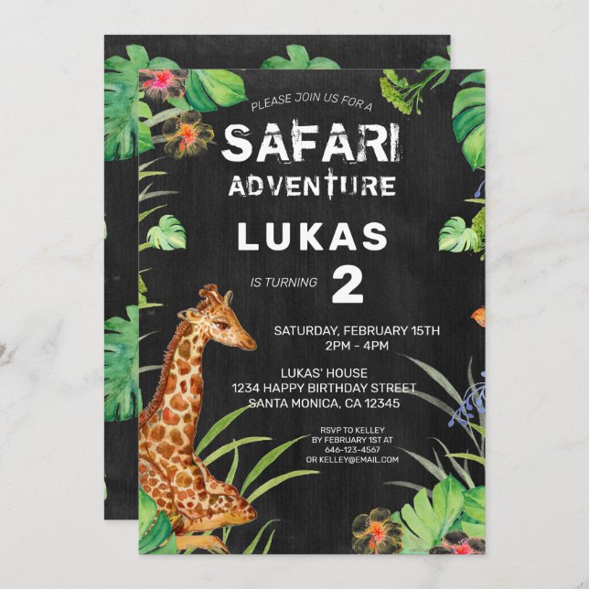 Invitación Safari de la selva pequeña Giraffe Chalkboard Cump (Anverso / Reverso)