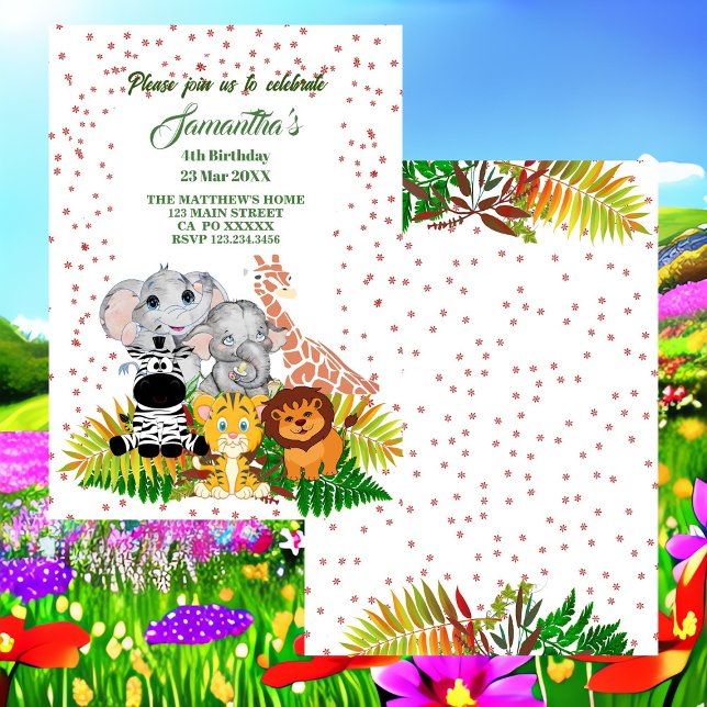 Invitación Safari de la Selva Salvaje Bebé Animales Verdes Cu (Wild Jungle Safari Animal Greenery Birthday Invite)