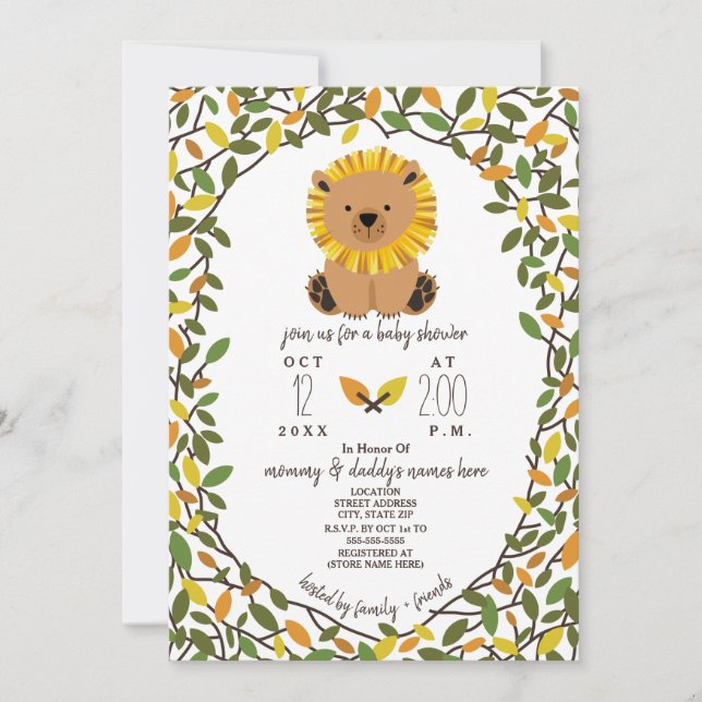 Invitación Safari de León Vina la vegetación de Baby Shower (Anverso)