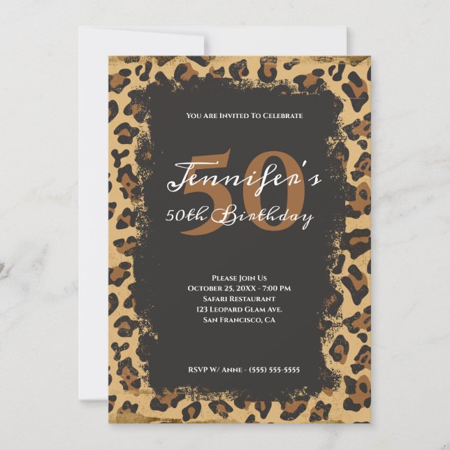 Invitación Safari de Leopardo Grunge Moderno 50 cumpleaños (Anverso)