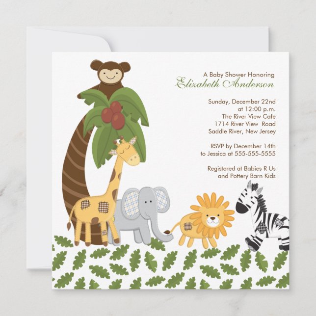 Invitación Safari de selva Baby Shower neutral animal (Anverso)