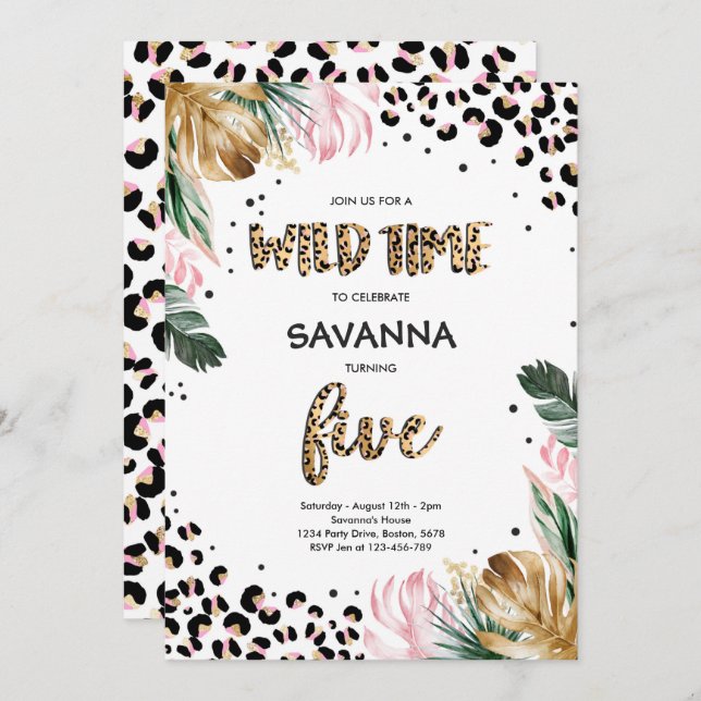 Invitación Safari de selva de leopardo de la selva 5ª fiesta  (Anverso / Reverso)