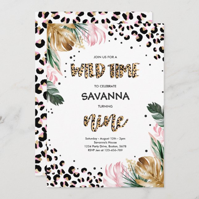 Invitación Safari de selva de leopardo impreso Novena fiesta  (Anverso / Reverso)