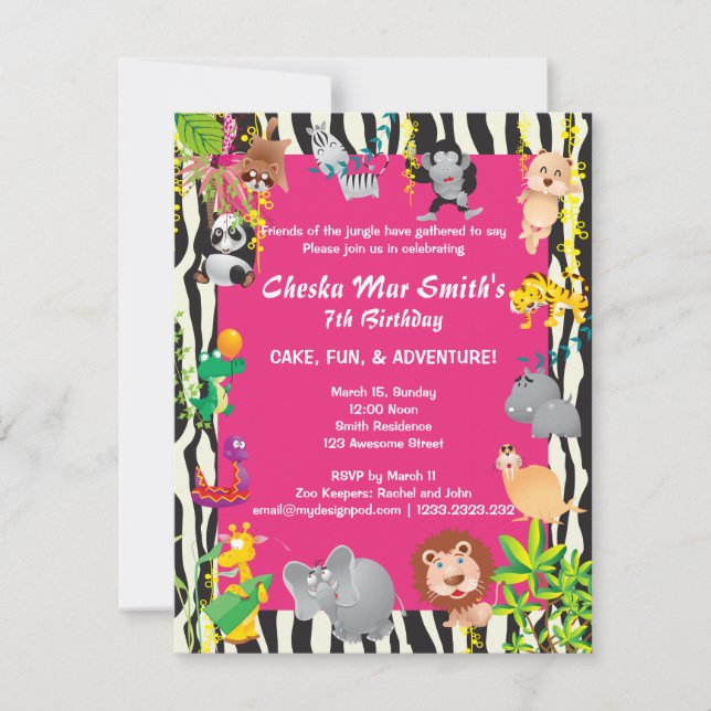 Invitación Safari de selva rosa en cumpleaños impreso en cebr (Anverso)