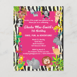 Invitación Safari de selva rosa en cumpleaños impreso en cebr