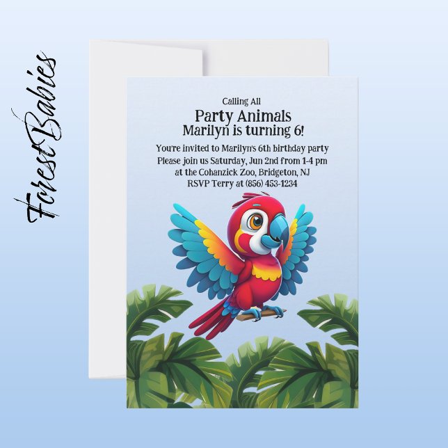 Invitación Safari de selva tropical Macaw Fiesta de loro anim (Macaw Parrot 🌴 Tropical Bird ForestBabies Customizable Birthday Party Animal Invitation)