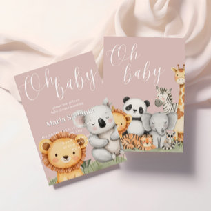 Invitación Safari de selva tropical rosa Baby Shower Animales