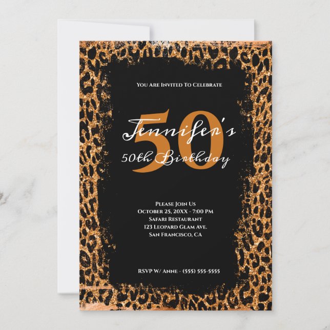 Invitación Safari del leopardo del cobre y el glam negro 50 c (Anverso)