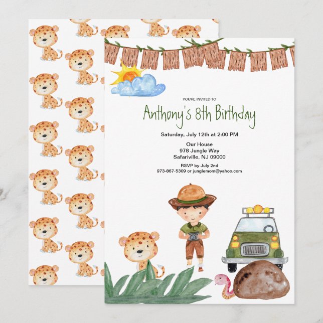 Invitación Safari del muchacho con el jeep en cumpleaños de (Anverso / Reverso)