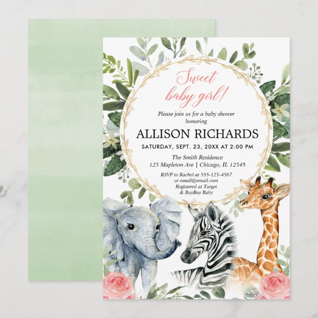 Invitación Safari, ducha de bebé, dulce tema de la jungla de  (Anverso / Reverso)
