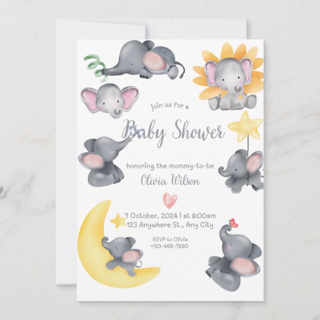 Invitación Safari Elephants Watercolor Baby Shower (Anverso)