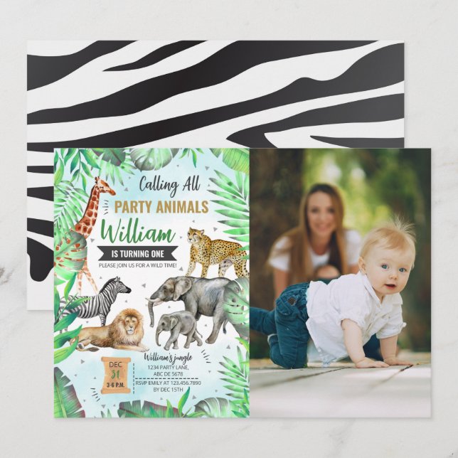 Invitación Safari Fiesta salvaje Animales Fotos de cumpleaños (Anverso / Reverso)