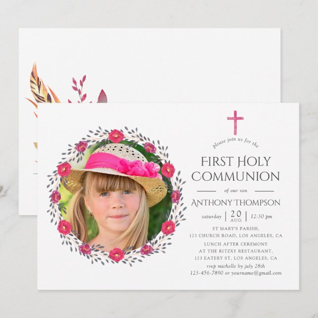 Invitación Safari floral acuarela Primera comunión sagrada (Anverso / Reverso)