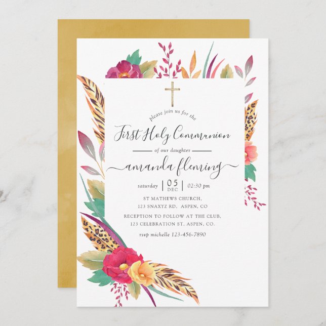 Invitación Safari floral acuarela Primera comunión sagrada (Anverso / Reverso)