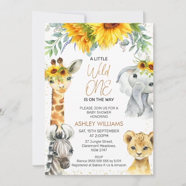 Invitación Safari floral amarillo salvaje un Baby Shower (Anverso)