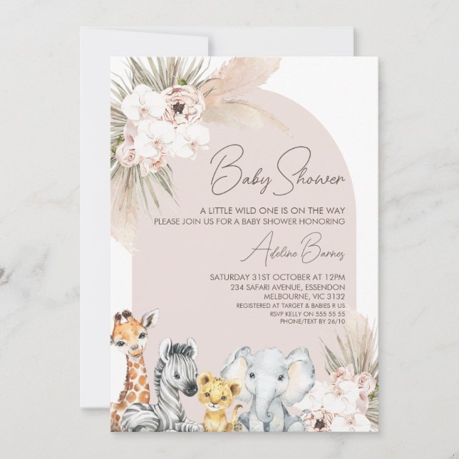 Invitación Safari Floral de Arco Rosa Salvaje Un Baby Shower (Anverso)