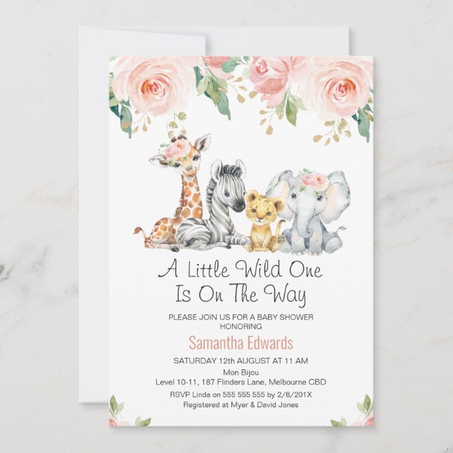 Invitación Safari floral de oro rosa para bebés Baby Shower (Anverso)