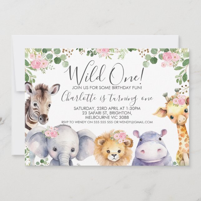 Invitación Safari floral rosa salvaje un cumpleaños (Anverso)