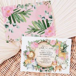 Invitación Safari floral rosada salvaje un primer cumpleaños