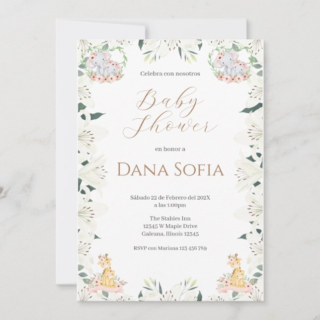 Invitación Safari floral Spanish Baby Shower Girl invitation (Anverso)