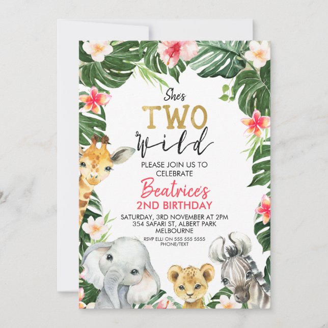 Invitación Safari floral tiene dos salvajes cumpleaños (Anverso)