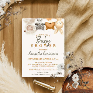 Invitación Safari Forest Animal Sheep Raccoin Fox Rabbit Baby