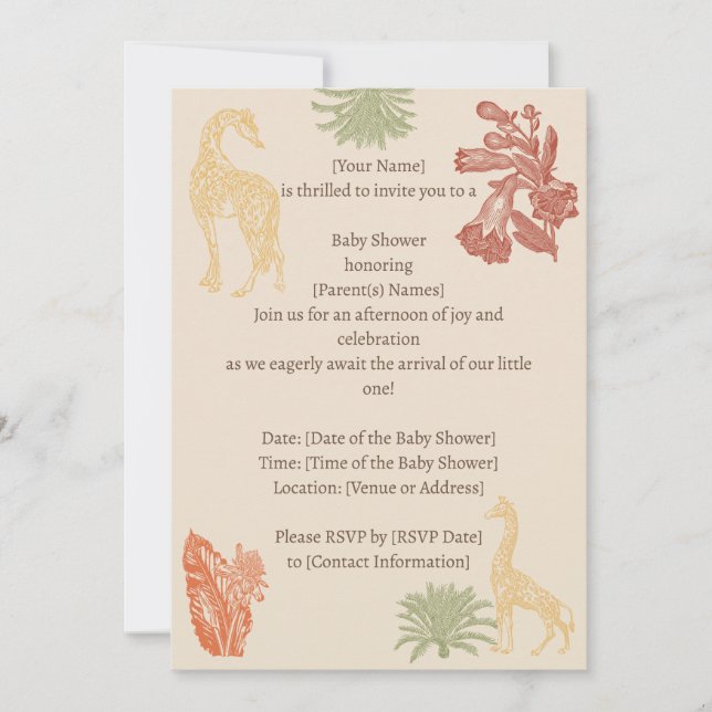 Invitación Safari Giraffe & Palm deja Baby Shower (Anverso)