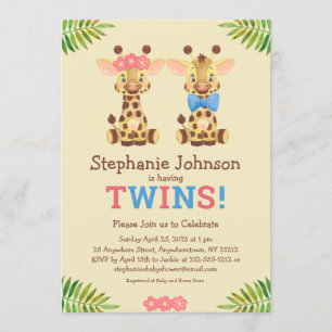 Invitación Safari Giraffe Twins niño y Chica lindo Baby Showe