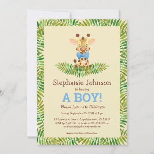 Invitación Safari Giraffe Watercolor Cuelo Chico Baby Shower