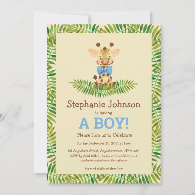 Invitación Safari Giraffe Watercolor Cute Boy Baby Shower (Anverso)