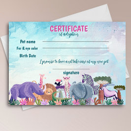 Invitación Safari girl birthday animal adoption certificate
