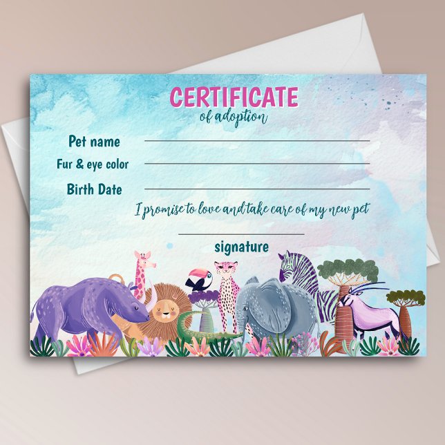 Invitación Safari girl birthday animal adoption certificate (Subido por el creador)