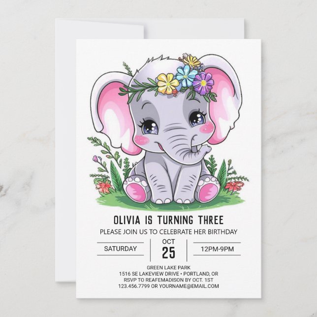 Invitación Safari Graceful Elephant Cumpleaños Digital (Anverso)