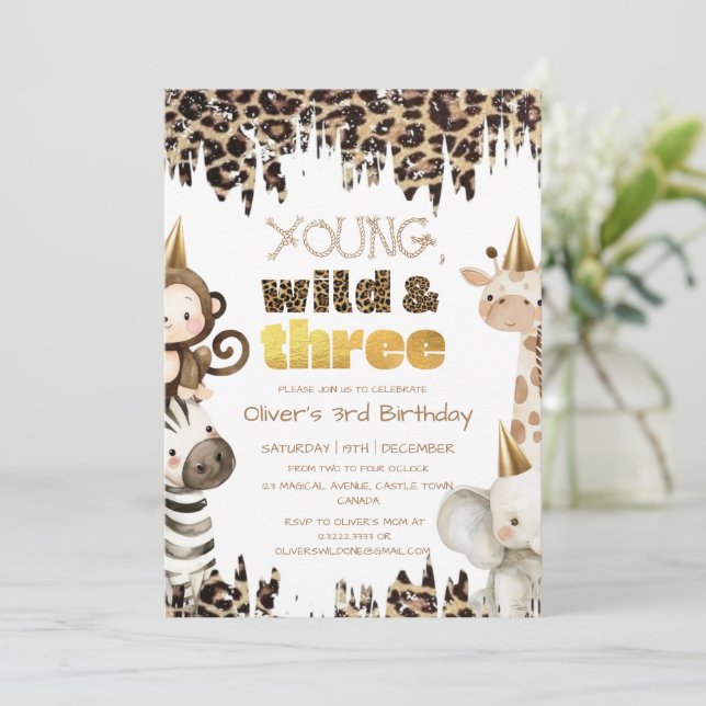 Invitación Safari Joven Salvaje y Tres Cumpleaños (Anverso de pie)