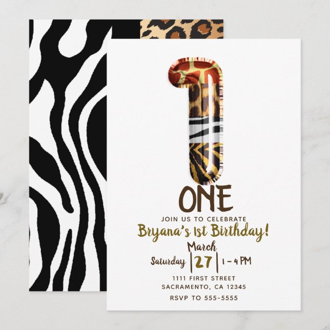 Invitación Safari Jungla Cebra Leopardo UNO Cumpleaños 1st Fi (Anverso / Reverso)