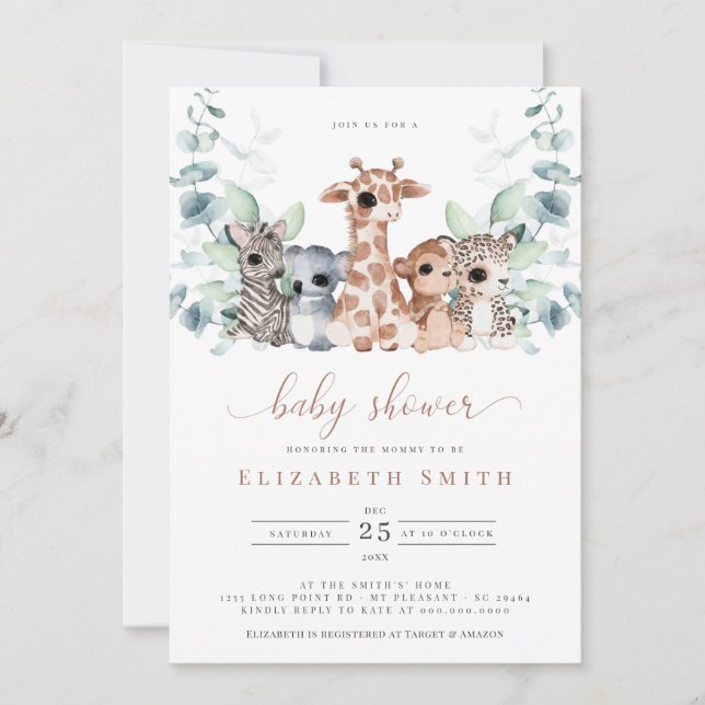 Invitación Safari Jungle Animales Eucalyptus Baby Shower (Anverso)