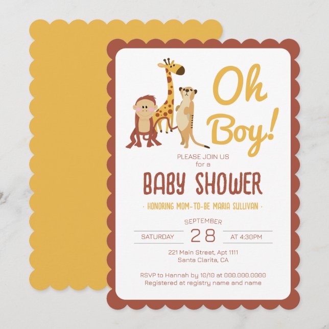 Invitación Safari Jungle Animales Oh Boy Baby Shower (Anverso / Reverso)