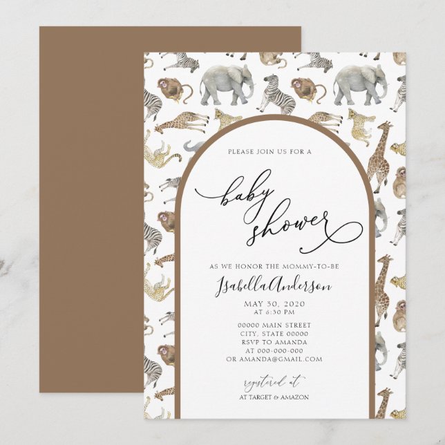 Invitación Safari Jungle Animals Brown Arch Baby Shower (Anverso / Reverso)